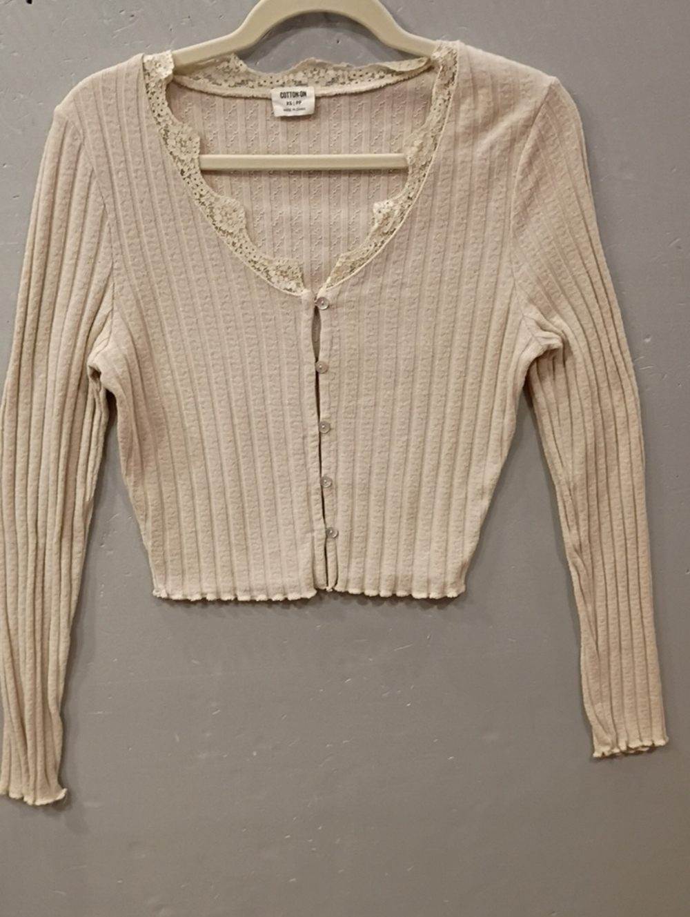 Cotton On Cream Lace-Trim Henley Ribbed Button Cardigan